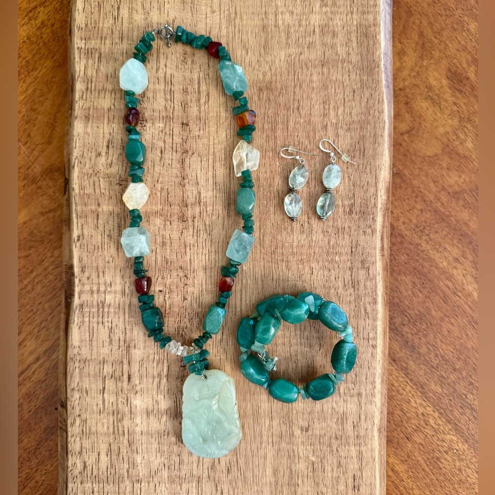 Green Jade Natural Stone Beaded Necklace Earring & Wrap Bracelet Jewelry Set